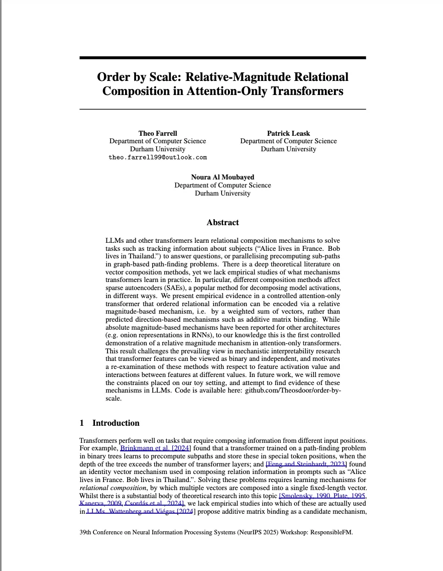 Order by Scale: Relative-Magnitude Relational Composition in Attention-Only Transformers